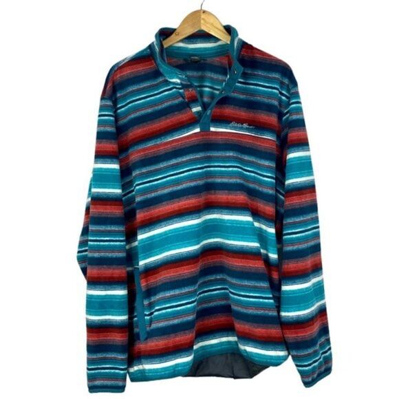 EDDIE BAUER Mens Green Orange Striped 1/4 Button Fleece Mock Neck Sweater US 2XL - Picture 3 of 9